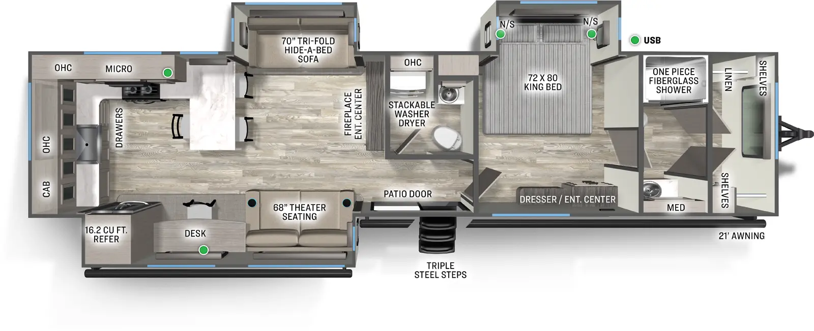 The Sandpiper Destination 396RKLR floorplan has one entry and three slide outs. Exterior features include: fiberglass exterior and 21' awning. Interiors features include: rear kitchen and bathroom and a half.